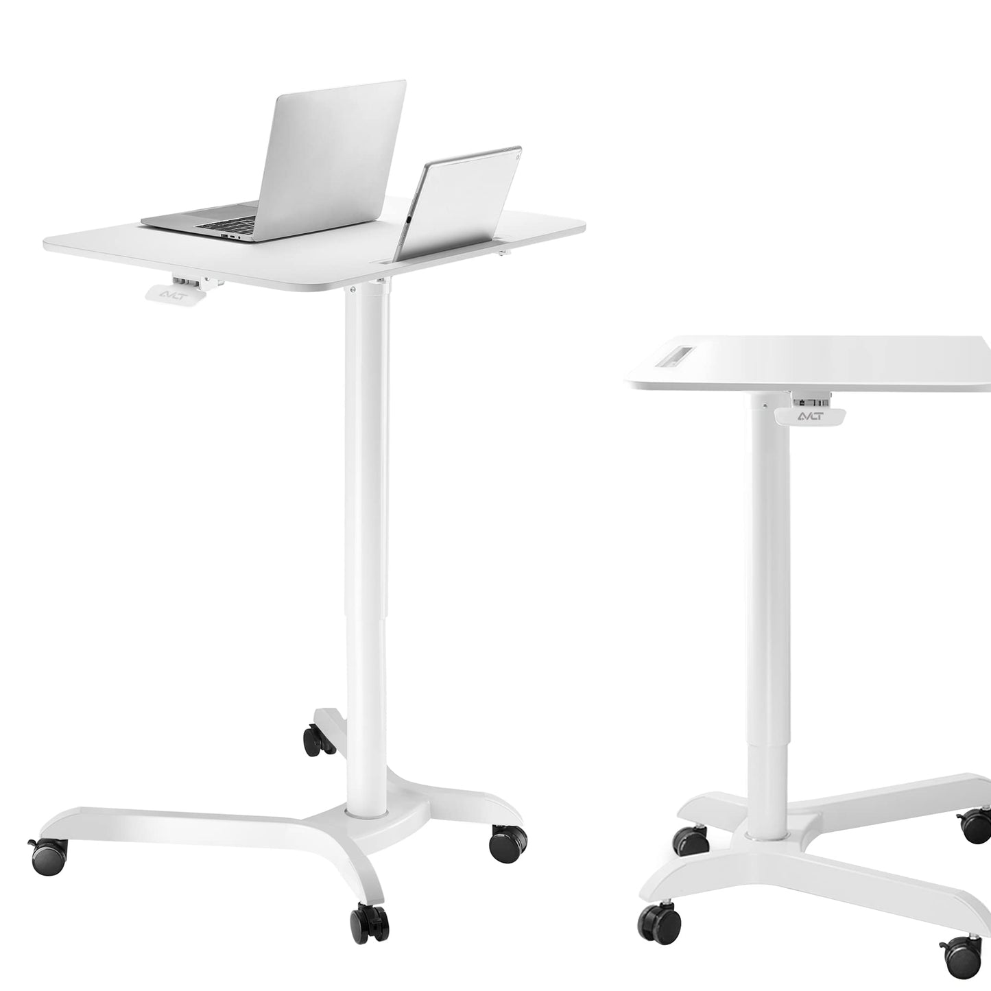 AVLT 44-inch Ambidextrous Pneumatic Laptop Standing Desk Cart (3 ft 8 in), Mobile Rolling Desk with Adjustable Height, Folding Computer & Projector Cart, White Cart with Brakes