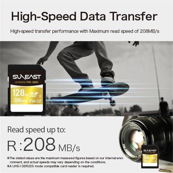 SUNEAST 128GB 208MB/s 170MB/s V30, U3, C10, 4K Ultimate Pro SDXC UHS-I Memory Card Up to Read, Write, High Speed SD