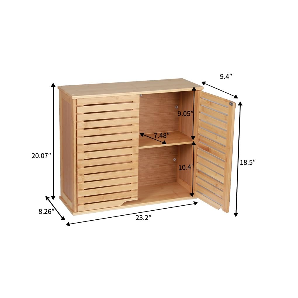 HYNAWIN Bathroom Wall Mounted Bamboo Storage Cabinet with Double Doors, 2-Tier Adjustable Shelf, Over Toilet Organizer for Bathroom, Kitchen, Entryway