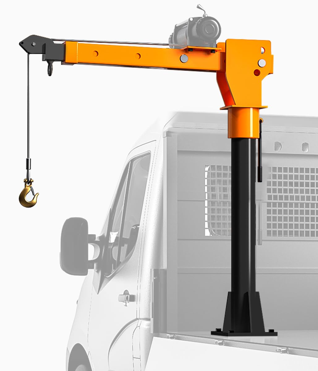 RUGCEL 2200 lb Folding Truck-Mounted Jib Crane, 360° Swivel, Painted Steel, with 5000 lb 12V Electric Winch