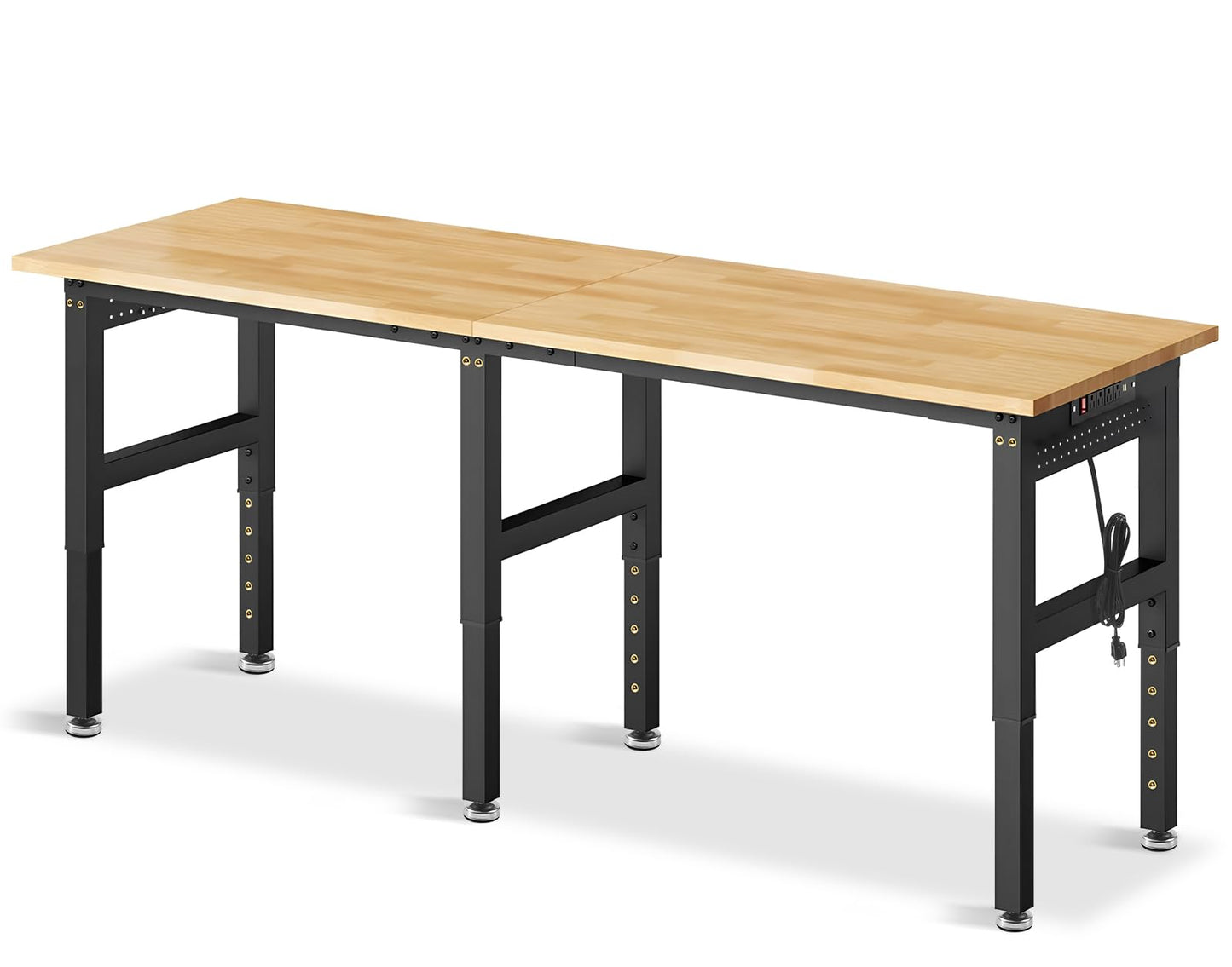 MUWOOD 84” Adjustable Height Workbench, 5000 LBS Heavy Duty Table Rubber Wood Workstation with Power Outlet & Pegboard for Garage, Office, Workshop, Home,Commercial