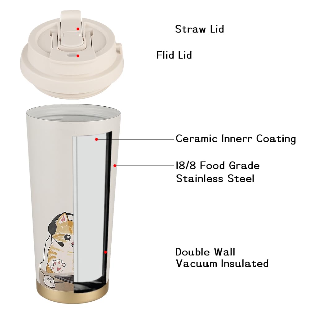 Funkrin Coffee Travel Mug with Flip Lid, 16oz Insulated Tumbler Cup with Ceramic Coating, Double Wall Vacuum Leak-Proof Tumbler for Office School Party Camping