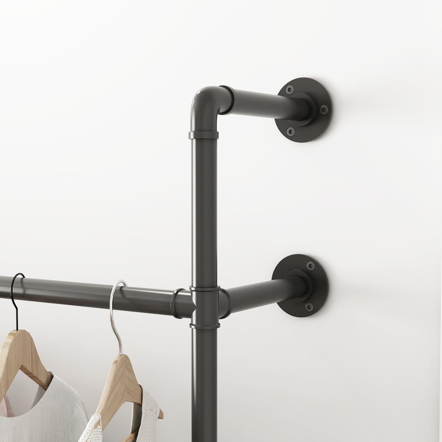 ORSENIGO Industrial Pipe Clothing Rack, Heavy Duty Metal Clothes Rack with Double Rods for Hanging Clothes, Wall Mount Space-Saving Garment Display Rack (Three, Black)