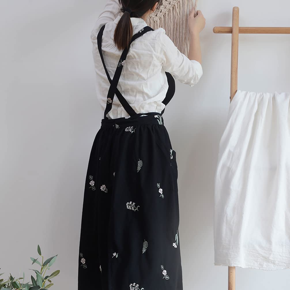 losofar Embroidered Cotton Pleated Apron Retro Waterdrop Proof Garden Cleaning Pinafore Dress (Floral Black, 103cmx86cm)