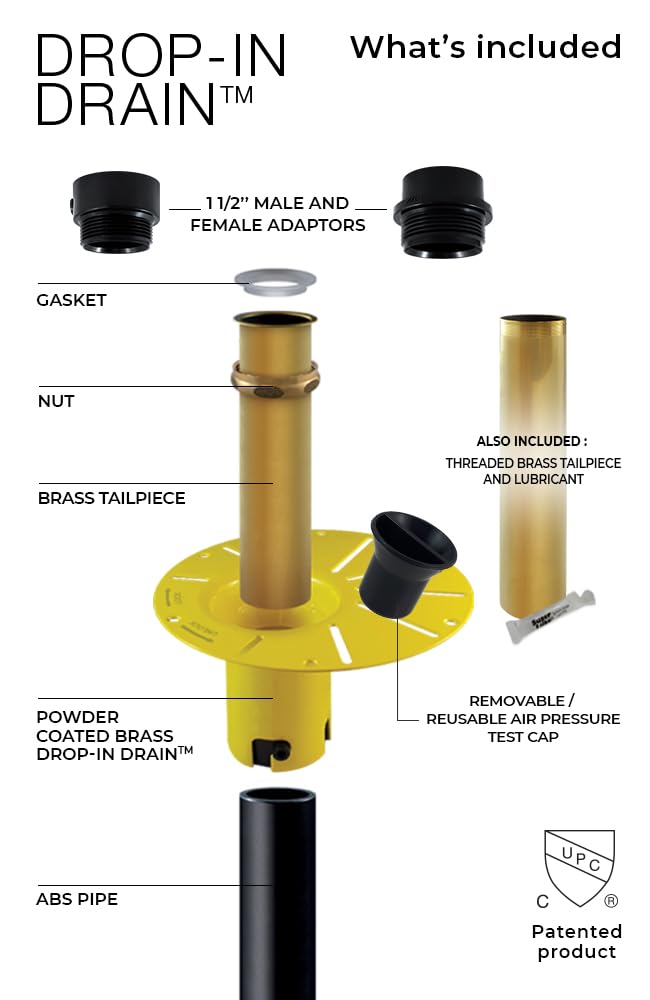 Drop-In Drain Installation Kit for Freestanding Tubs | Black ABS & Brass Pipes | Fits 1-1/2” Male, Female or Threaded Drain | Quick, Leak-Proof Connection | Easy DIY Install