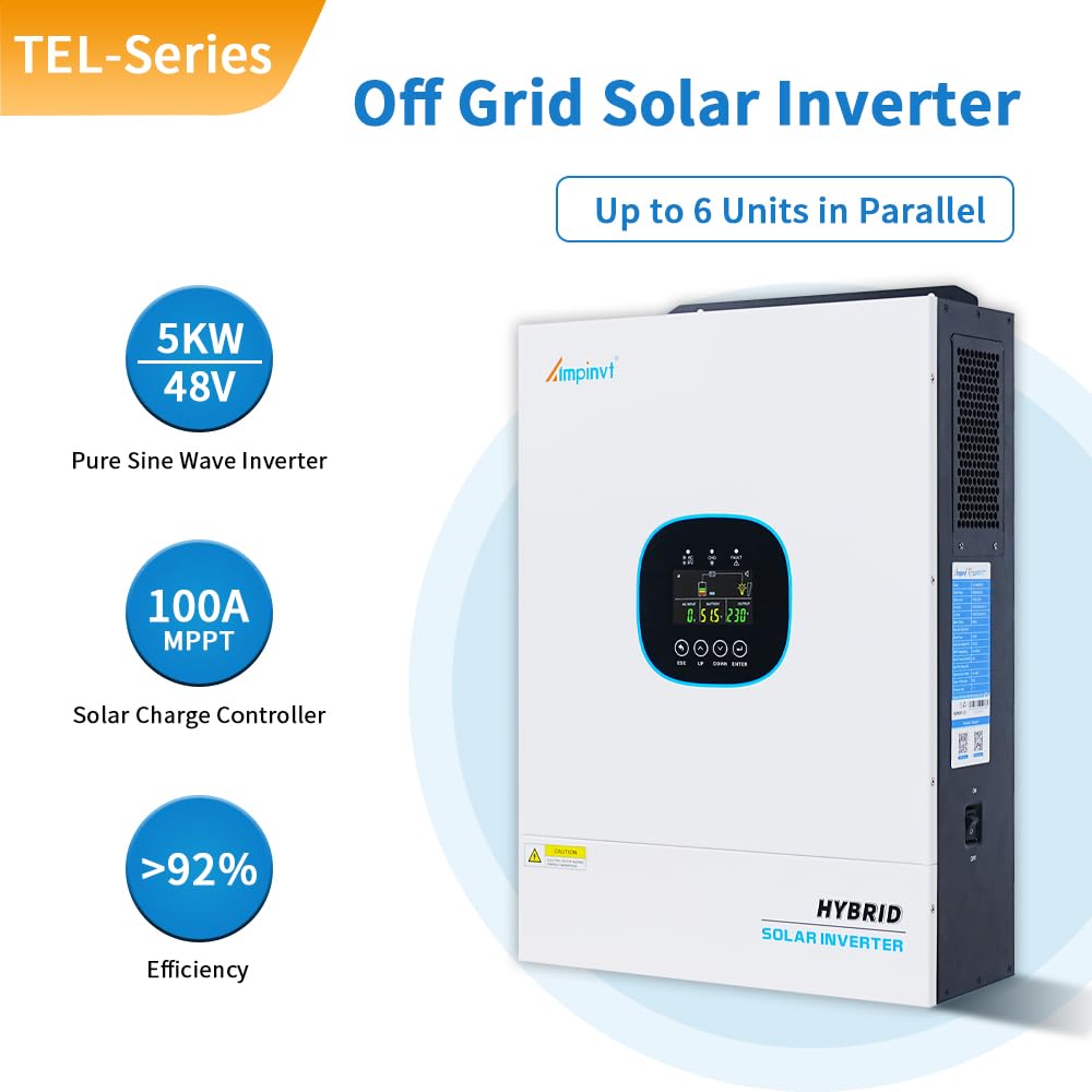Ampinvt Solar Inverter 5000 Watt 48V to 120V, inbuilt 100A MPPT Solar Charger, Max PV Input 5500W 500Vdc,Off Grid Pure Sine Wave Inverter Support up to 6 in Parallel for Lead Acid Lithium Battery