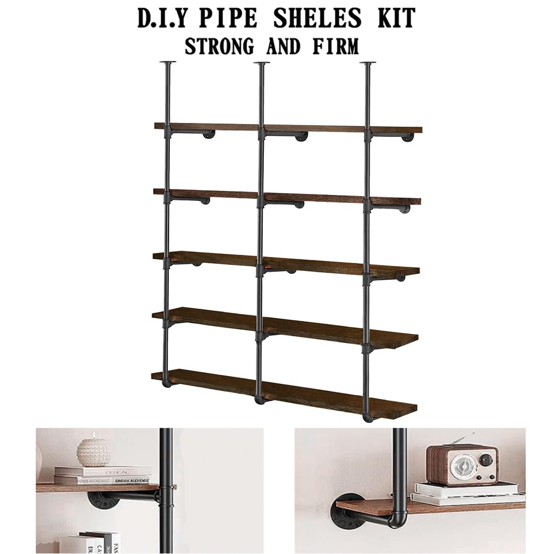 HITOMEN Industrial Iron Pipe Shelves, 3 Set 5-Tier 70.5" Tall 12" Depth, DIY Open Bookshelf Bookcase, Wall Mounted Vintage Retro Shelving, Rustic Farmhouse Pantry Kitchen Storage, Black Shelf Brackets