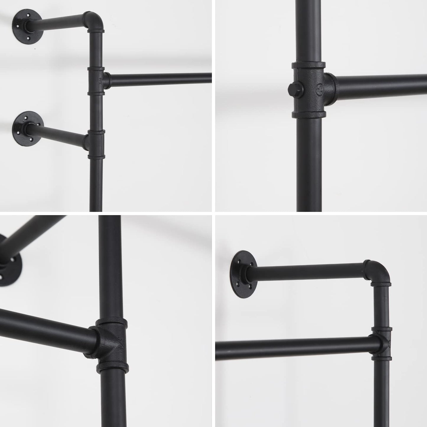 EDCB Wall Mounted Industrial Pipe Clothing Rack Garment Racks Pipeline Vintage Rolling Rack On Wall, Heavy Duty Rustic Gold Metal Garment Frame for Bedroom, Living room (Black)