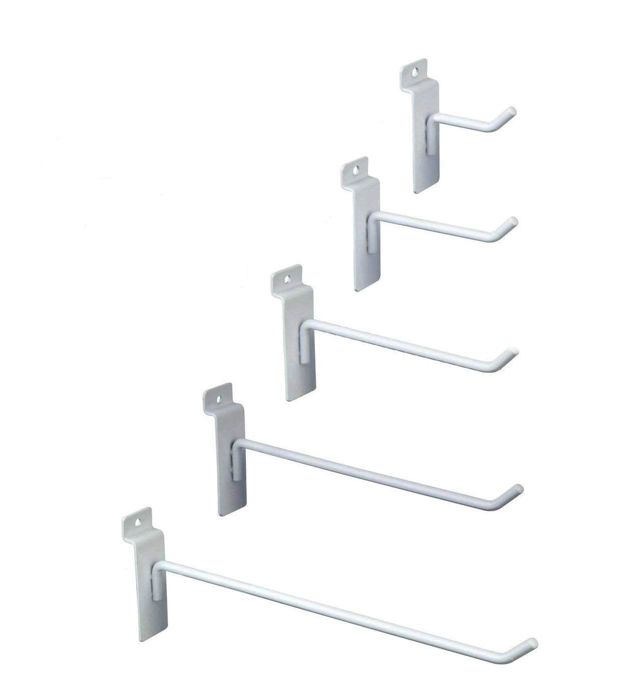 Only Hangers Commercial Grade White Slatwall Hooks - Combo Pack of 25 Assorted Size Peg Hooks for Slatwall - (5) of Each 2",4",6", 8" and 10" Hooks