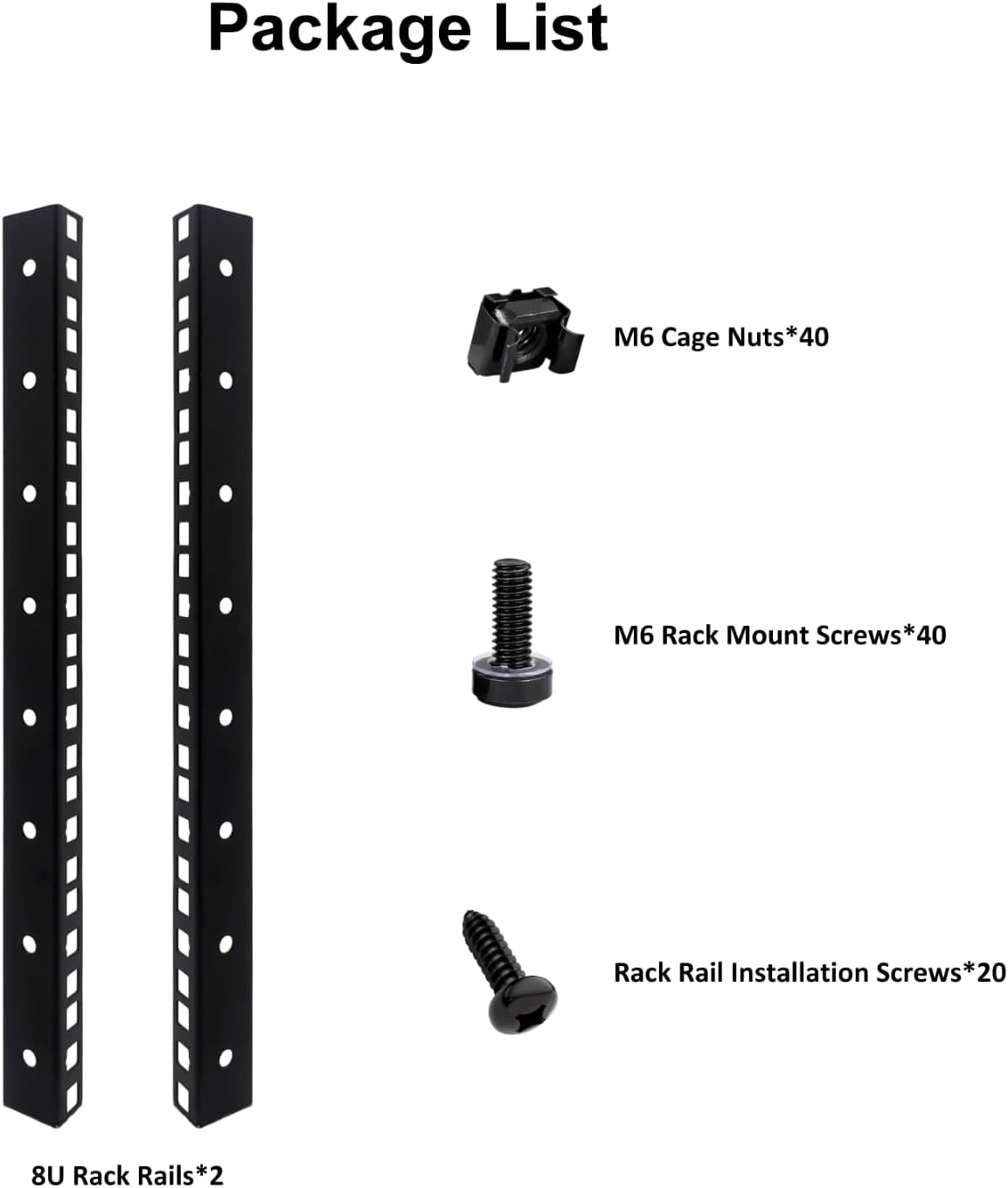 fmuser 8U M6 Set Rack Rails with Rack Mount Screws and Cage Nuts for DIY Server and Network Switch Racks