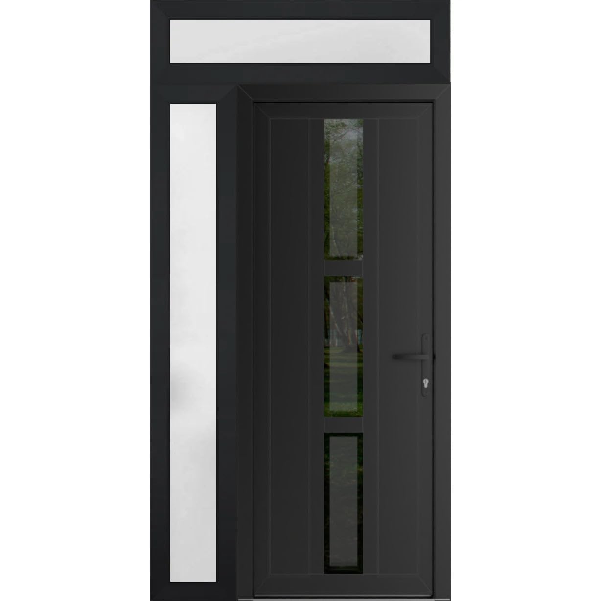VDOMDOORS Front Exterior Prehung Metal-Plastic Door Frosted Glass | Manux 8112 Matte Black | Side, Top Sidelite Transom | Residential Doors Entrance Patio Garage 50 x 94 (W36+14 x H80+14) Left-Inswing