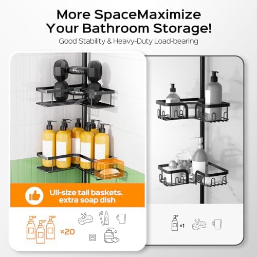 HAMITOR Shower Caddy Tension Pole - 4-Tier Rustproof Bathroom Organizer | Adjustable No-Drill Shelf - 47-123 Inch
