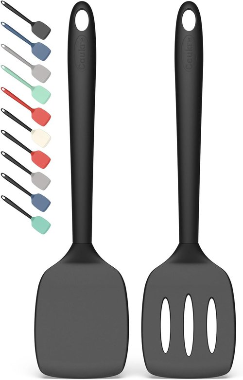 Coukre Silicone Spatula Set - High Heat Resistant, BPA Free, Solid & Slotted Turners (2 Pack, Pure Black)