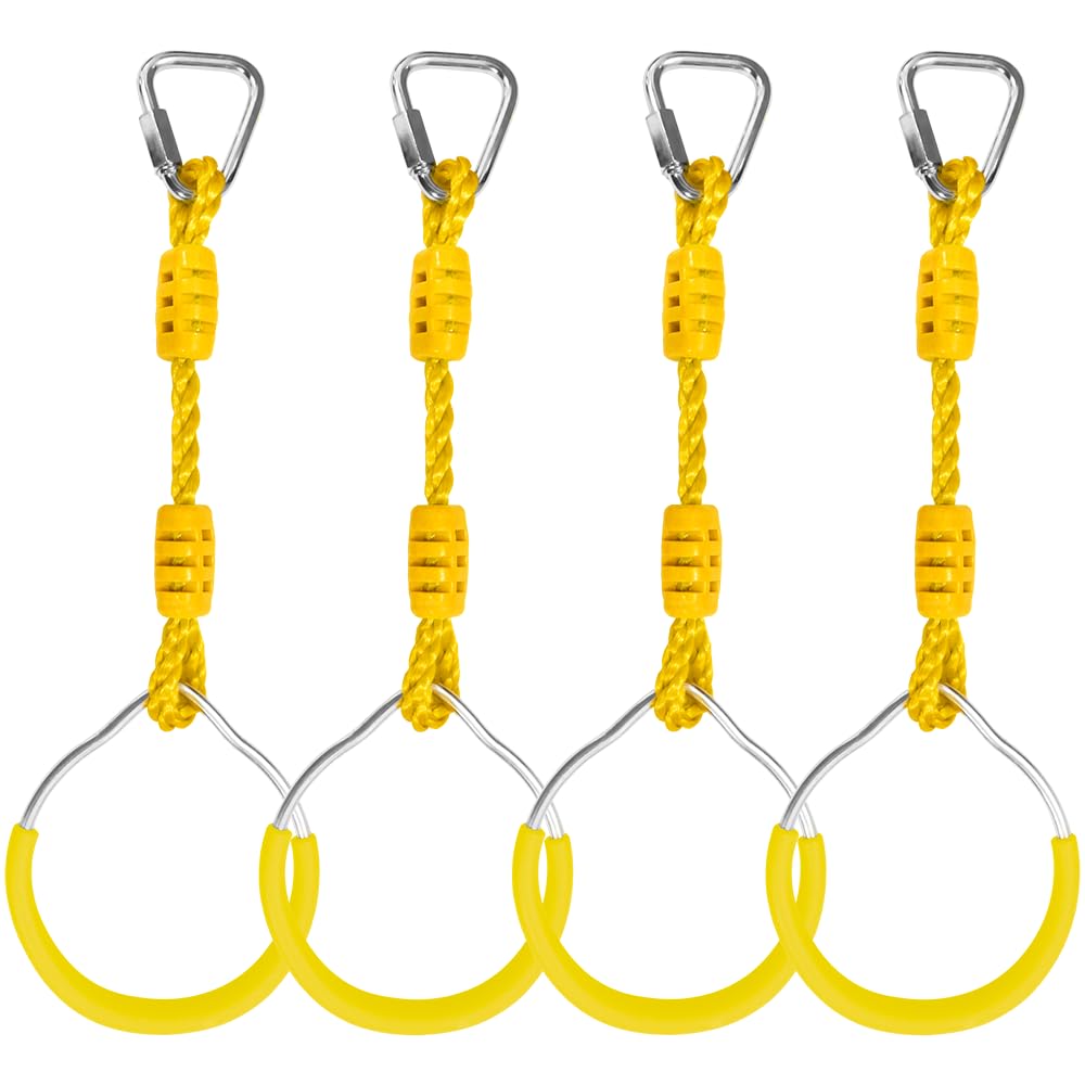 Swing Ninja Ring Indoor Outdoor Backyard PlaySet Fitness Gymnastic Training Equipment, 4 Pack Yellow Hanging Jungle Gym Fist Trapeze Monkey Bars Climbing Ring Ninja Warrior Obstacle Course Attachments