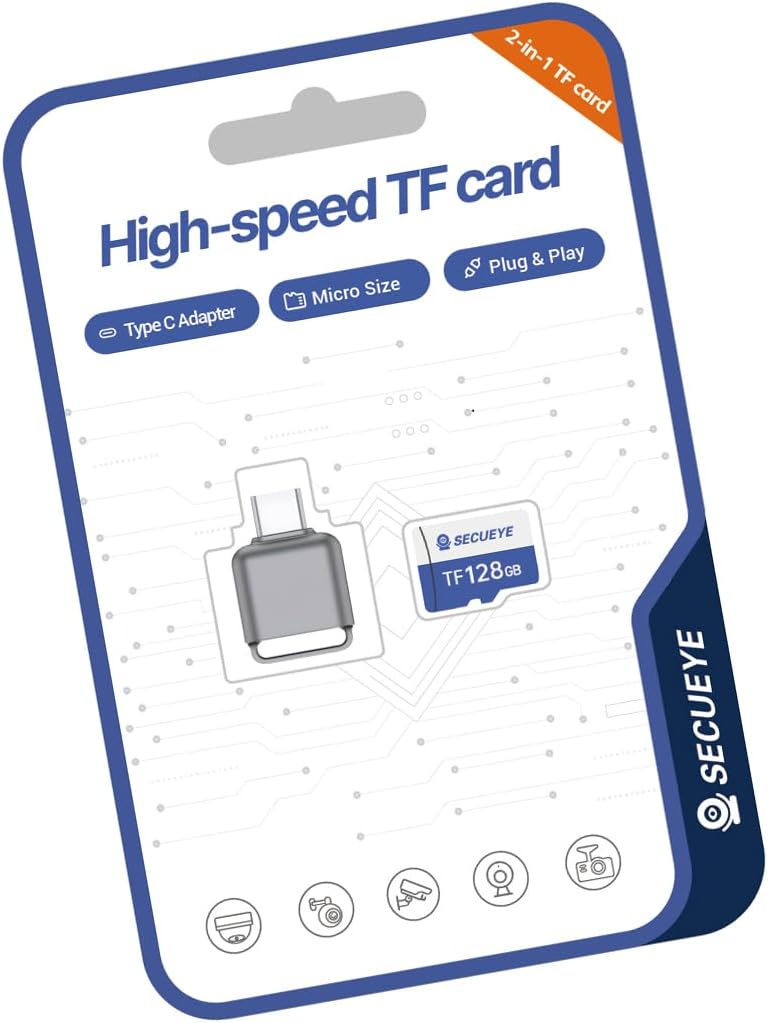 JOYNANO 128GB 10 FAT32 24/7 (128GB SECUEYE TF Memory Card with Type C Adapter, Class High Speed Reading/Writing