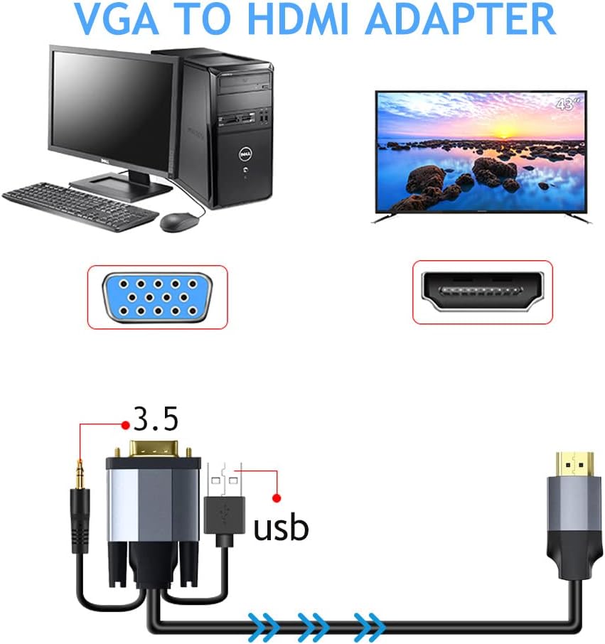 Tianle 3.5mm 1m/3.3FT VGA to HDMI Adapter Cable with Audio, Active Male VGA to HDMI Out Lead Video Adattatore Cord