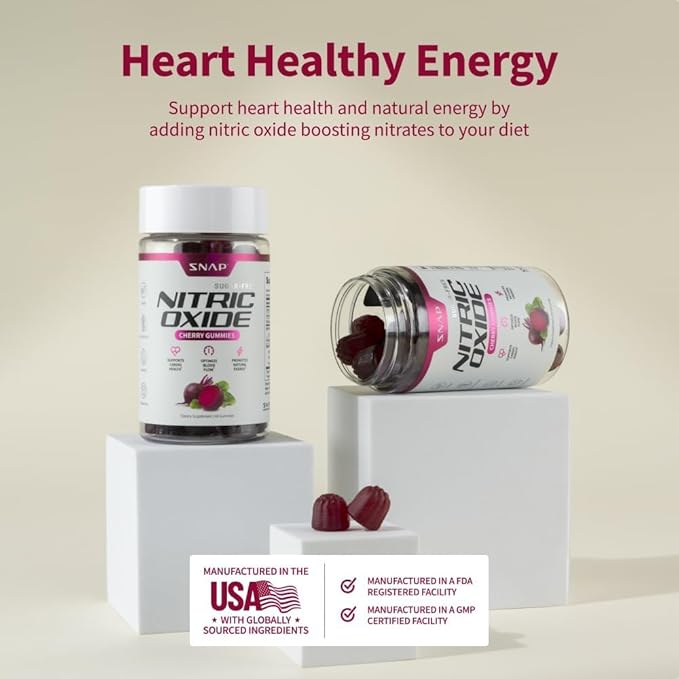 Snap Supplements Beet Root Gummies, Nitric Oxide Supplement with Organic Beets, Vitamins, Pomegranate and Antioxidants for Energy, Heart Health & Circulation Support, 60 Sugar Free Gummies, Cherry