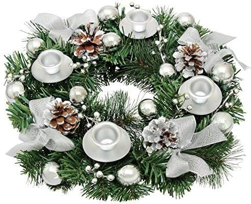 Silver Ribbon Advent Wreath - Festive Centerpiece Décor with Candle Holder & Christmas Candles