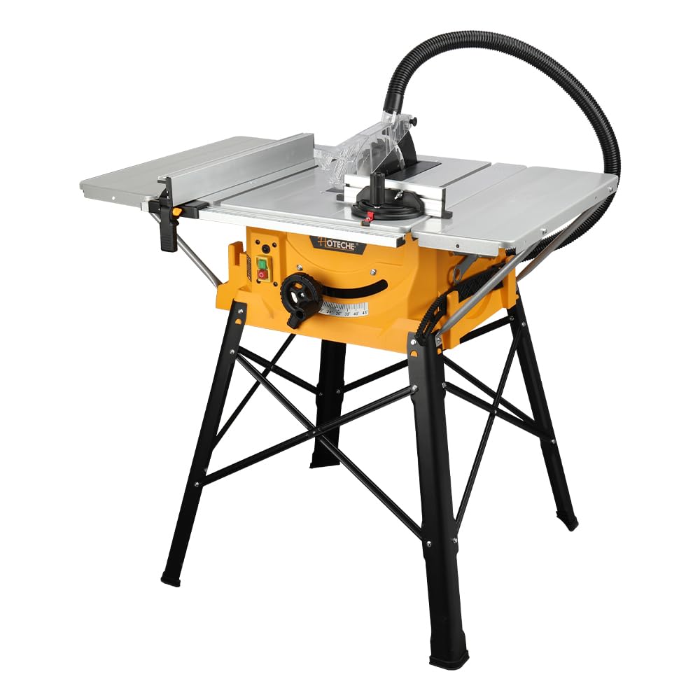 Hoteche 10-Inch Table Saw - 15-Amp Electric Power Saw with Stand and Extendable Table for Woodworking, Carpentry, DIY Projects