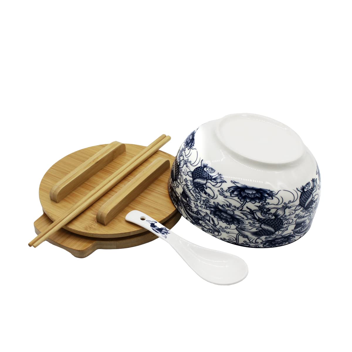 XWORLD Japanese Ceramic Ramen Noodle Bowls Set with Ceramic Spoon, Bamboo Chopsticks, Lid & Trivet, Serving Capacity of 33.8 OZ, Microwavable Oven Safety (3.3” x 6.6” D) (Blue Fish)