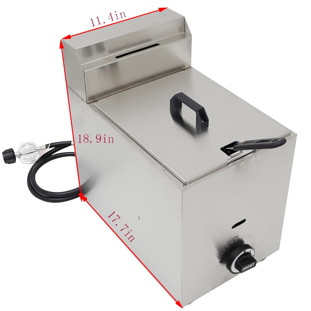 INTBUYING 6L Commercial Deep Fryer Single Tank LPG Gas Chips Stainless Steel Fryer with Fry Basket French Fries Fried Potato Chicken Frying Machine with Gas Regulator Valve