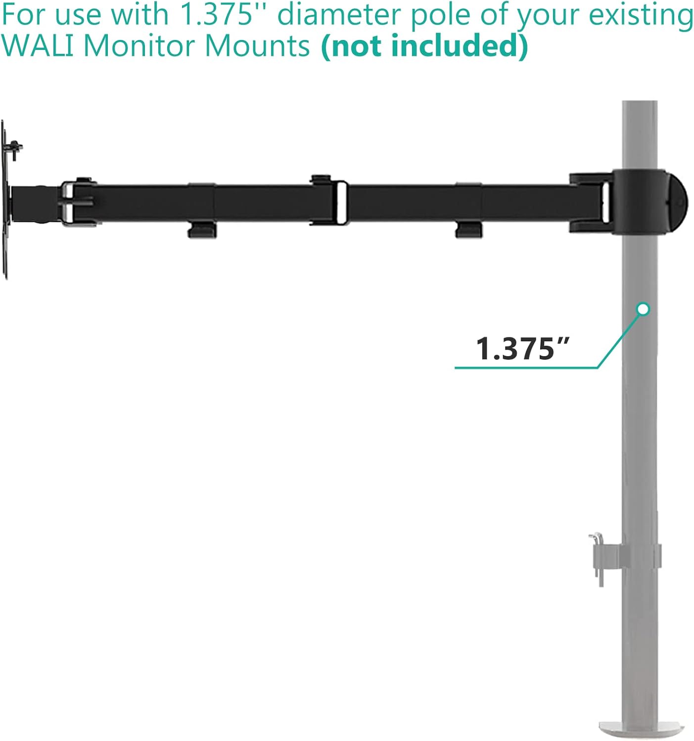 WALI (001ARM), Single Monitor Arm, Fully Adjustable Pole Mount Bracket for Monitor Mounting System Black