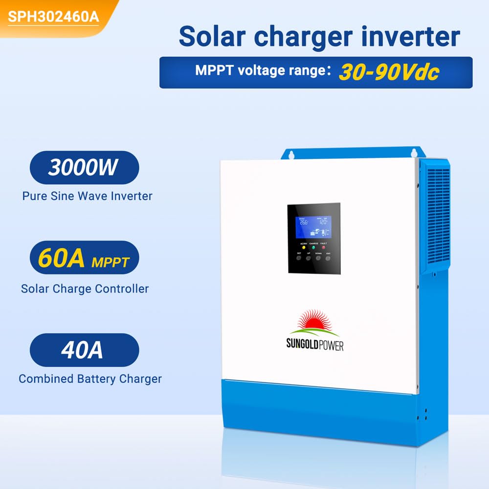 SUNGOLDPOWER UL1741 3000W Solar Inverter 24Vdc to 120Vac, All in One Inverter 60A MPPT(MPPT Voltage Range:30-90Vdc) and 40A AC Battery Charger, Pure Sine Wave for RV,Cabin,Backup for Off Grid System
