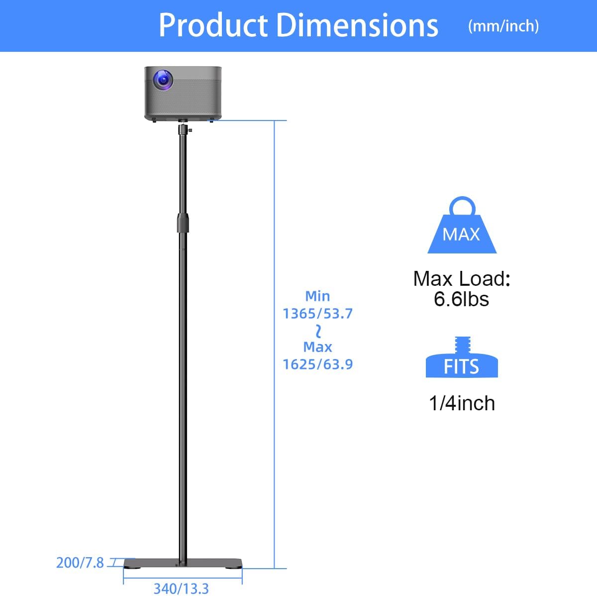 suptek 63.9" 360Swivel, 53.7-63.9inch, PR001FL Exdentable Projector Stand Height Adjustable Mini Projector Mount