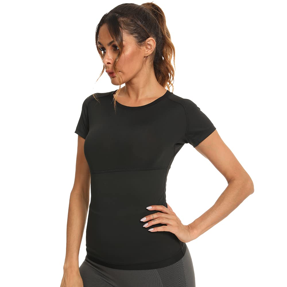 NANOOER Sauna Shirt for Women Sweat Suit, Short Sleeve Sauna Shirt Women, Athletic Tee Sauna Top Compression Waist Trainer, (Blue, Medium)