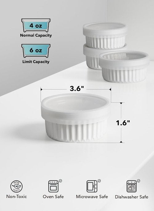 LE TAUCI Ramekins - 4 OZ Ceramic Soufflé Dishes with Silicone Lids | Oven & Microwave Safe, Set of 4, White
