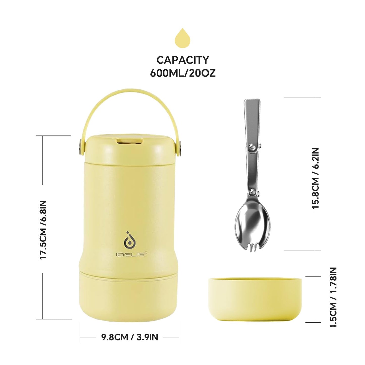 Ideus Soup Thermo with Foldable Spoon and Bowl 20oz, All-in-one Insulated Bento Lunchbox Stainless Steel Leakproof Portable Soup Container Vacuum Thermal Food Jar for Lunch (Light Yellow)