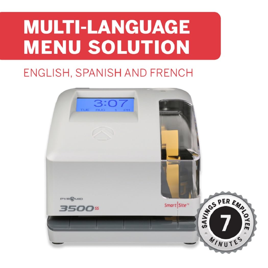 Pyramid Time Systems - 3500SS Employee Automatic Time Clock Bundle for Payroll Tracking and Attendance Management, Punch Clock with SmartSite Alignment, 25 Time Cards, 1 Ribbon and 2 Security Keys
