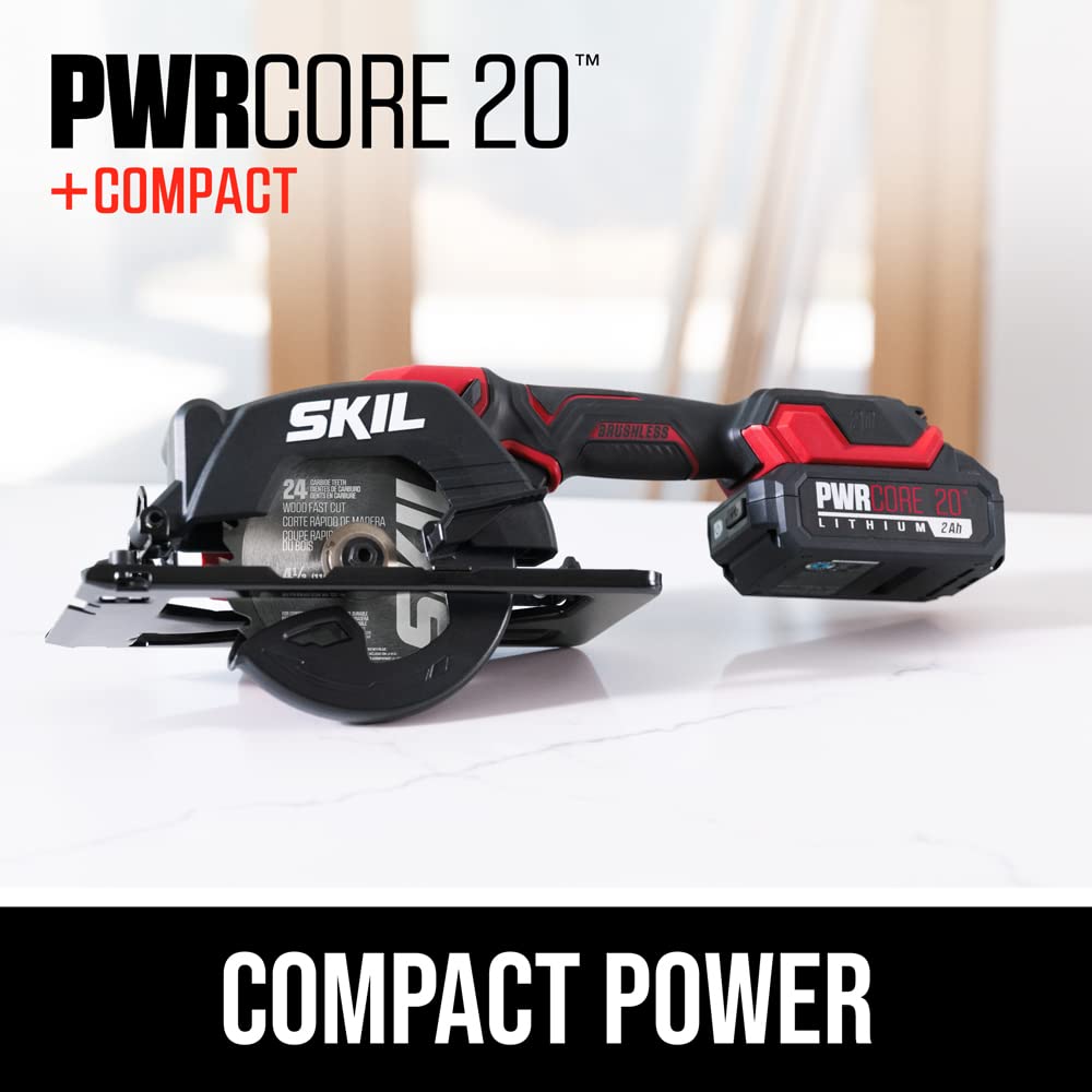 Skil PWRCORE 20 Brushless 20V 4-1/2 in. Compact Lightweight One-Hand Circular Saw Kit with Up to 6,000 RPM Includes 2.0Ah PWR CORE 20 Lithium Battery and Charger - CR5435B-10, Red