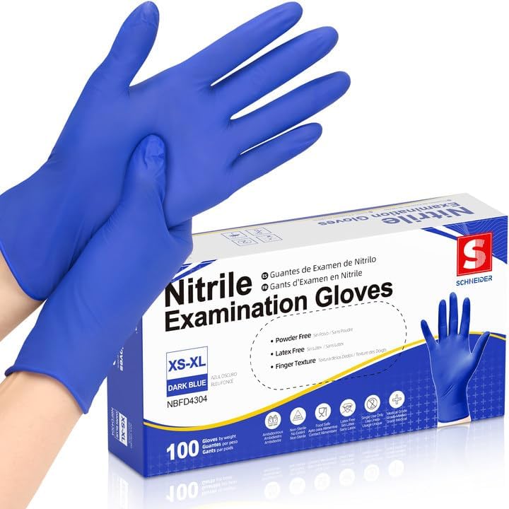 Schneider Nitrile Exam Gloves - Dark Blue Disposable, Latex-Free & Powder-Free | Food Safe for Cooking & Household Use