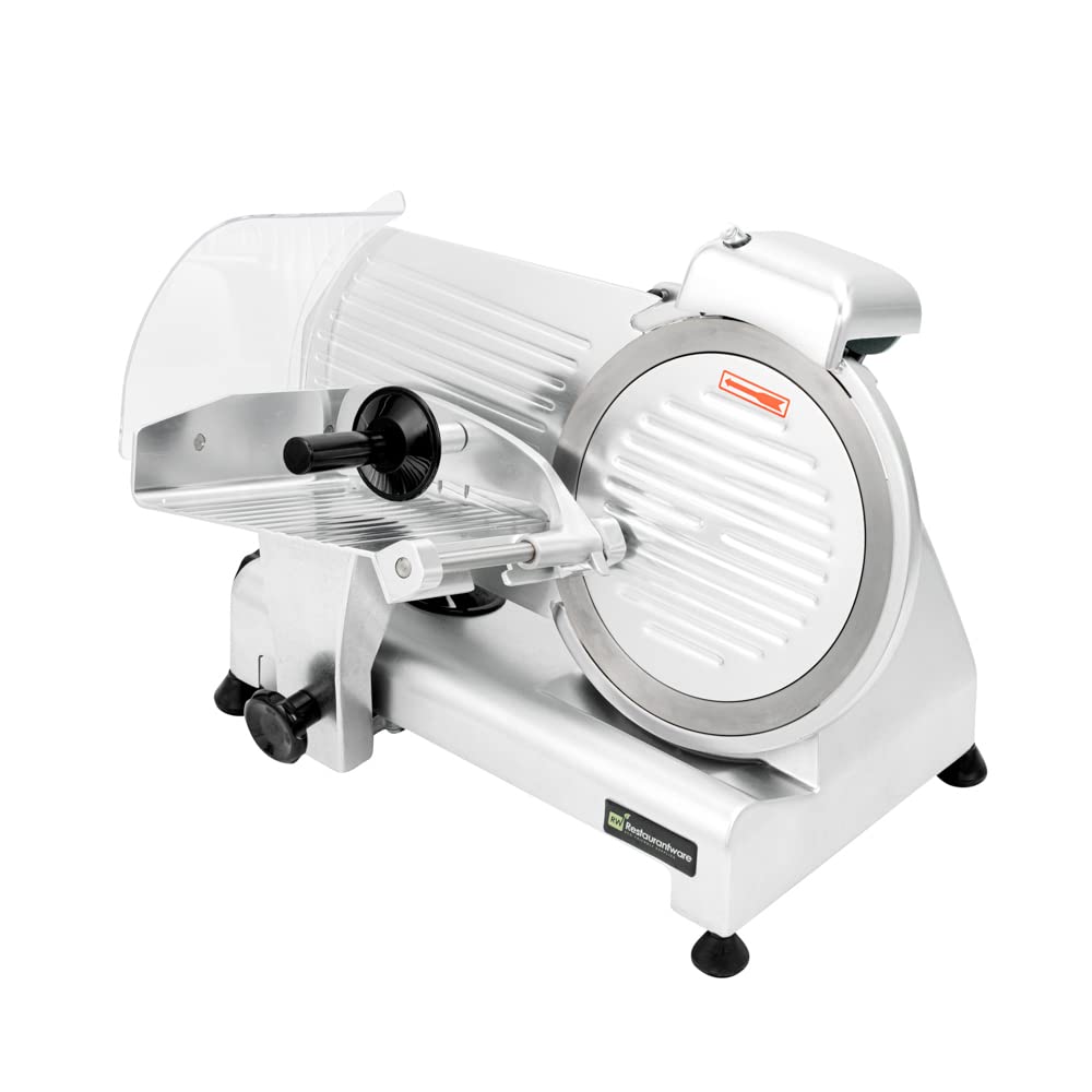 Restaurantware Bio Tek Meat Slicer 1 Adjustable Slice Size Manual Slicer - 320W Operation 0.25 Horsepower Stainless Steel Deli Slicer Built-In Sharpener Fixed Ring Guard