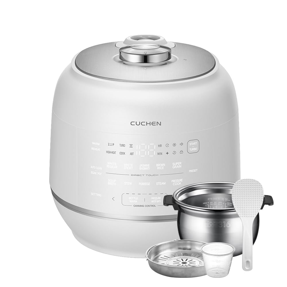Cuchen 10-Cup Premium IH Pressure Rice Cooker with 316Ti Stainless Steel Inner Pot, 2.1 Bar High Pressure for Multi-Grain & Canning, Auto Steam Clean, White (CRT-RPD1010IEWUS)
