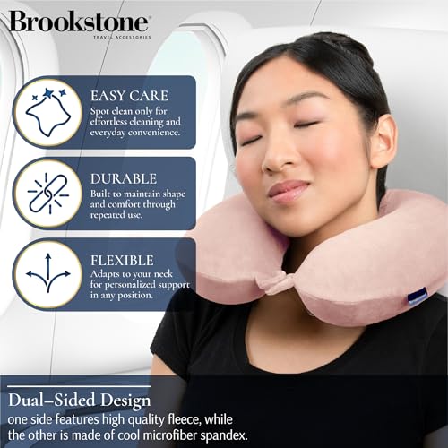 Brookstone Travel Neck Pillow - Lightweight Fleece Casing U-Shaped Stuffable Memory Foam Travel Pillow for Sleeping and Neck Support, Soft Pink