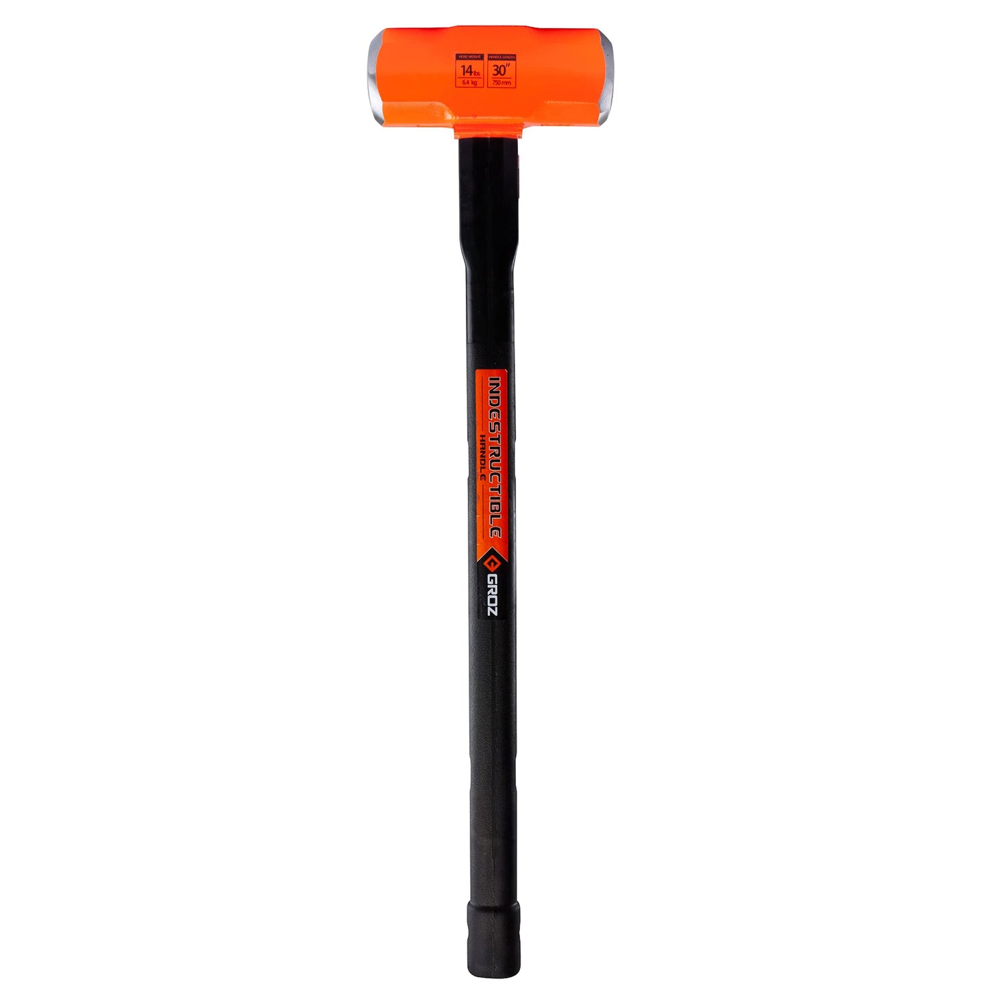 Groz Heavy Duty Sledge Hammer, 14 lb Head, 30 in Indestructible Handle with 6 Spring Steel Bars, 50-58 HRC Forged Head, Rubber Grip, Hi-Vis Orange, BS 876 / ANSI/SANS 387:2014 (34516)