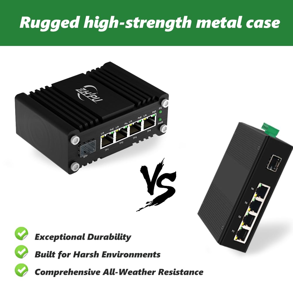 Yjntoximc Mini Industrial 4 Ports Gigabit PoE Switch with DC12～48V Redundant Power Input, 12V PoE Switch with SFP, IEEE802.3af/at @120W, Compact PoE Power for VoIP Systems/Solar Power/RV Truck