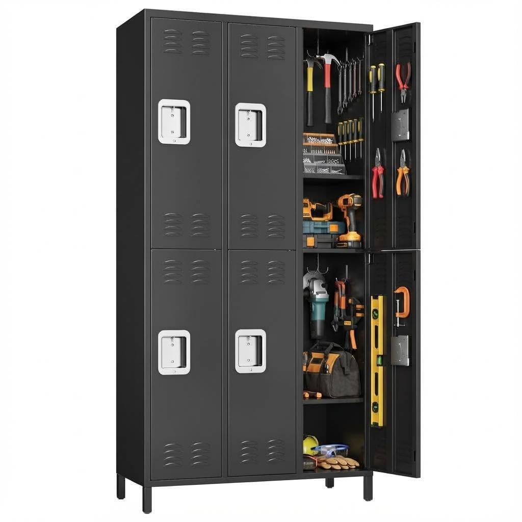 72" Industrial-Grade 9-Door Steel Storage System - 9 Shelves + 29 Multi-Purpose Hooks, Modular Locker Cabinet for Warehouse/School/Home Gym (Reinforced Steel Frame + Anti-Slip Base Plates) - Black