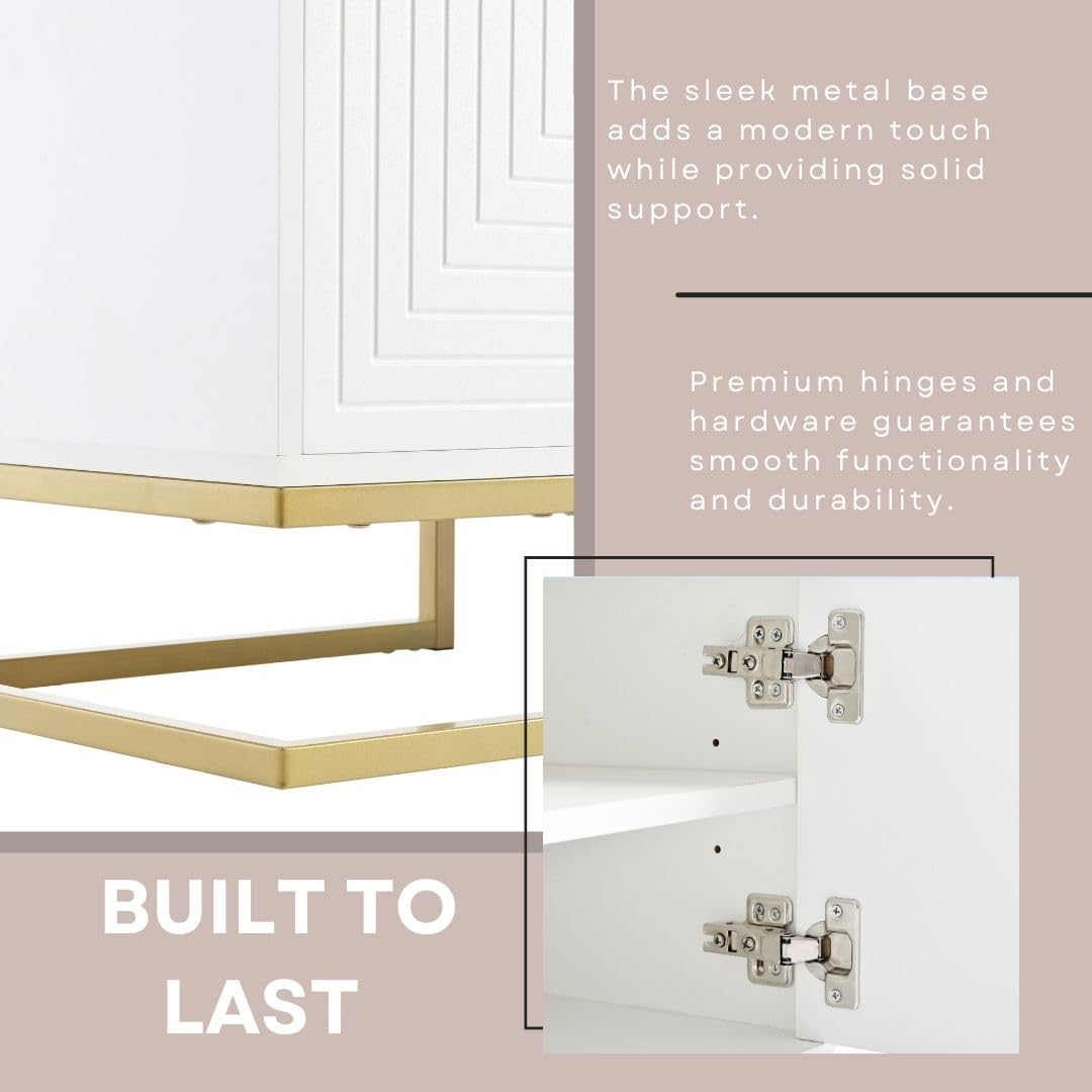 Ball & Cast Modern TV Stand with Storage Cabinets for TVs up to 80", Luxury Media Console w/Metal Legs & Gold Handles,Geometric Lines & Adjustable Shelf,Entertainment Center for Living Room,White