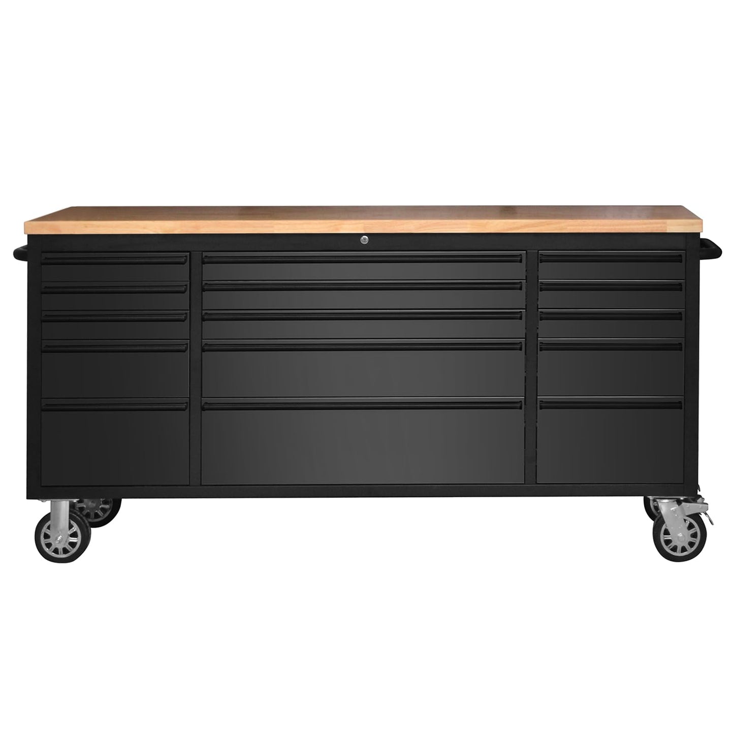 ExploreHorizon 72" Heavy-Duty Rolling Tool Chest & Garage Workbench with 15 Drawers, Steel Cabinet, Rubber Wood Top, Key Locking System, Drawer Liners, On Wheels for Warehouse Repair Shop, Black