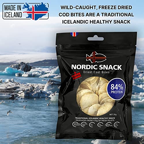 Nordic Catch Freeze Dried Cod Bites Seafood Snacks - Chips made from Wild Caught Icelandic Cod Fish - Healthy Snack, Rich in Omega 3 Fatty Acids, Protein Packed Fish Jerky, Keto Friendly Dry Fish - 35g Resealable Bag of Freeze Dried Food- 5 Pack