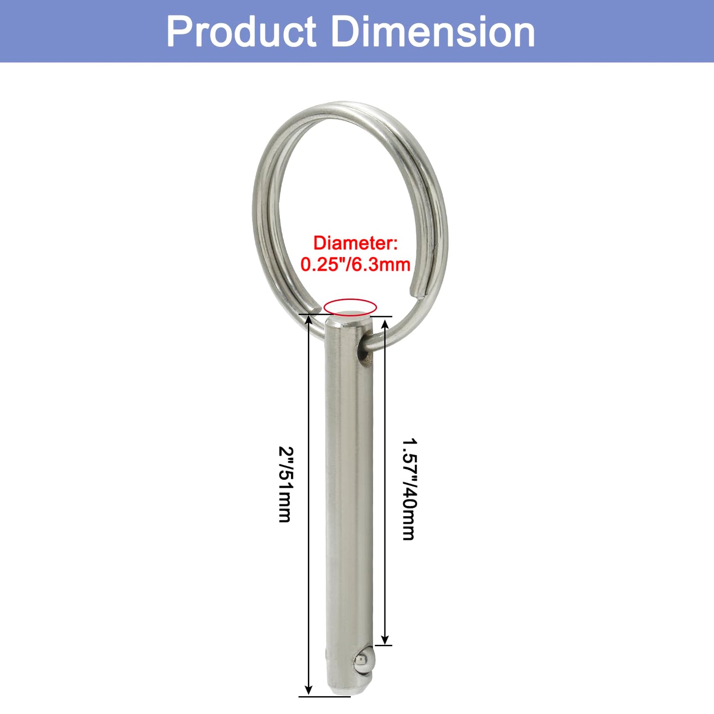 Suiwotin 4pcs Quick Release Pin, 1/4" (6.3mm) Diameter, Usable Length 1-1/2", Overall Length 2", 316 Stainless Steel Bimini Top Pins for Boat Marine Hardware