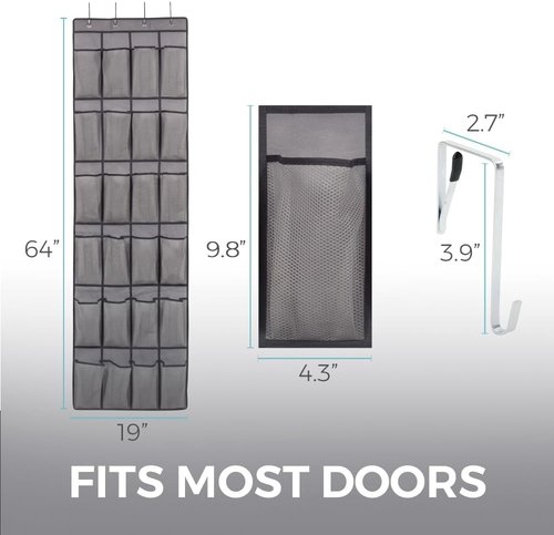 Home Genie Over The Door Shoe Organizer - 24 Breathable Mesh Pockets | Holds Up To 40 lbs, Gray