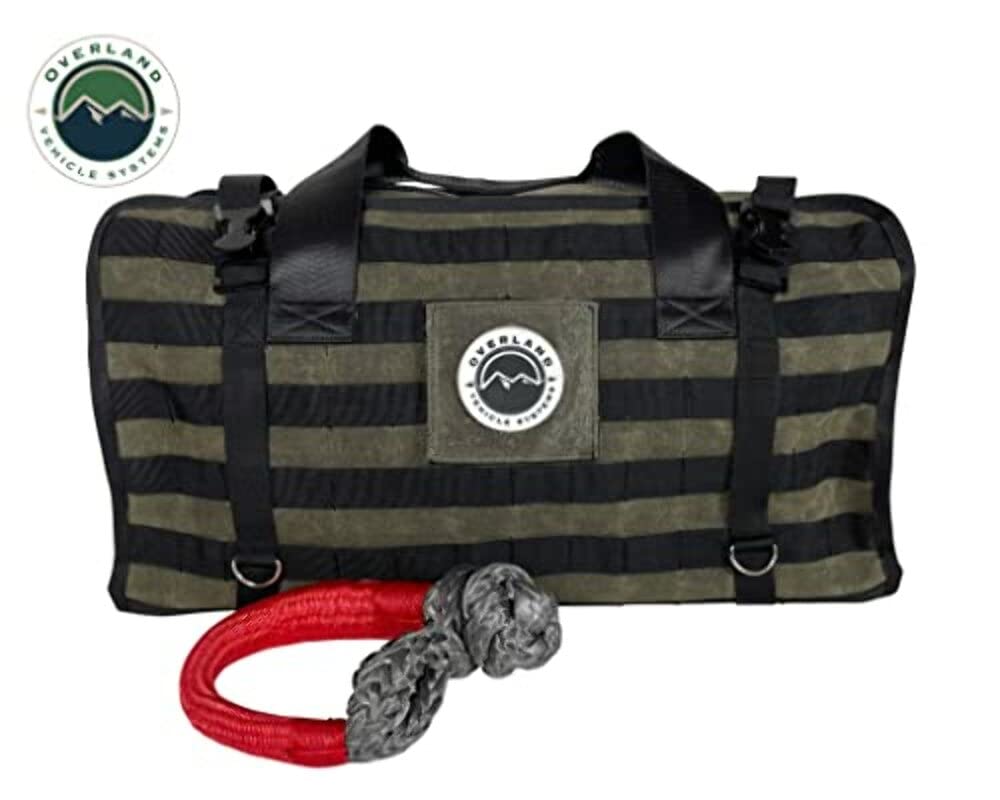 Overland Vehicle Systems Large Recovery Bag with Handle & Straps - #16 Waxed Canvas Storage - Infused with Paraffin Wax Waterproofing - Two Heavy Duty Alligator buckles and Industrial Nylon Handle