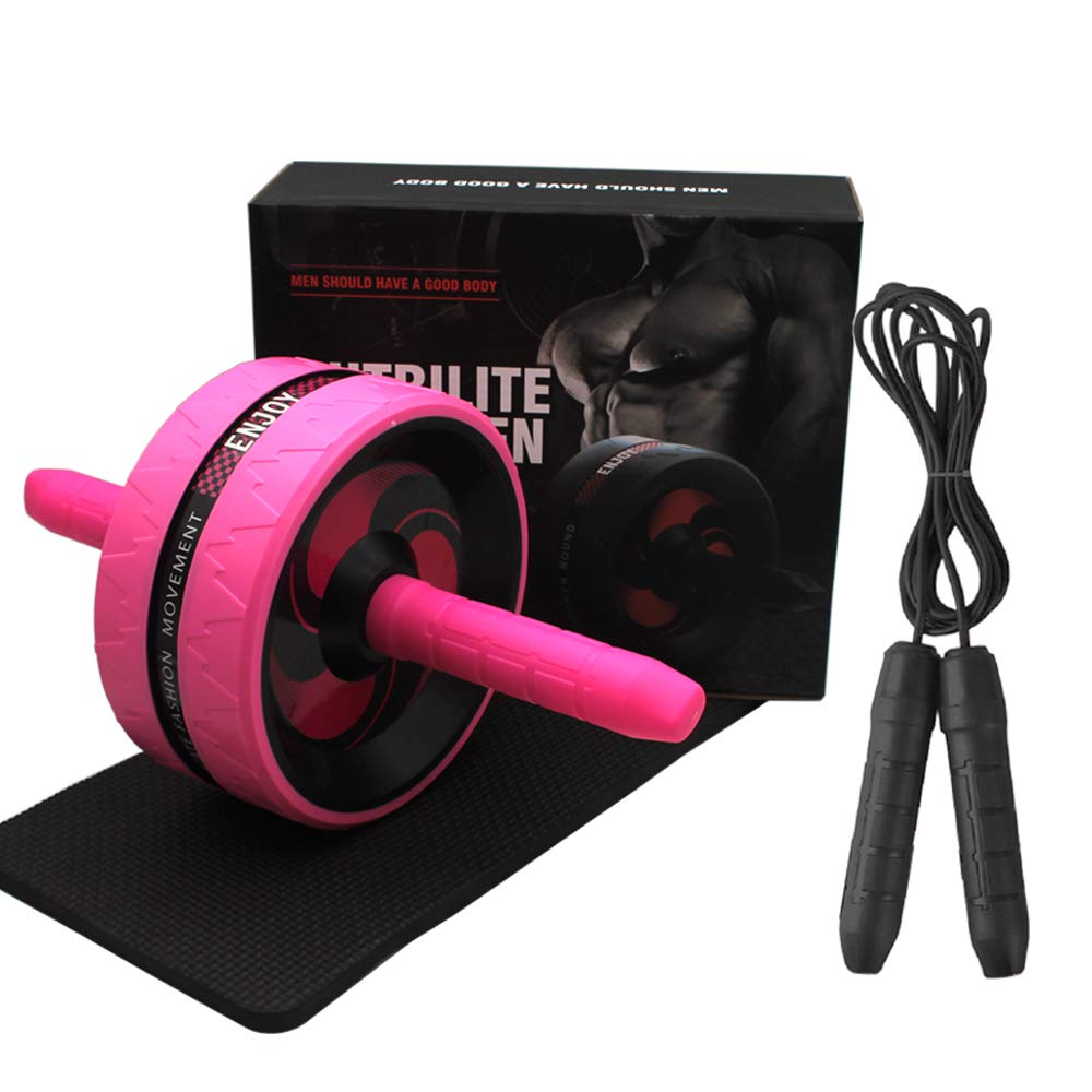 BiJun Ab Roller Wheel for Abs Workout - Complete Home Gym Set with AB Wheel Roller, Knee Mat, and Jump Rope (Pink)