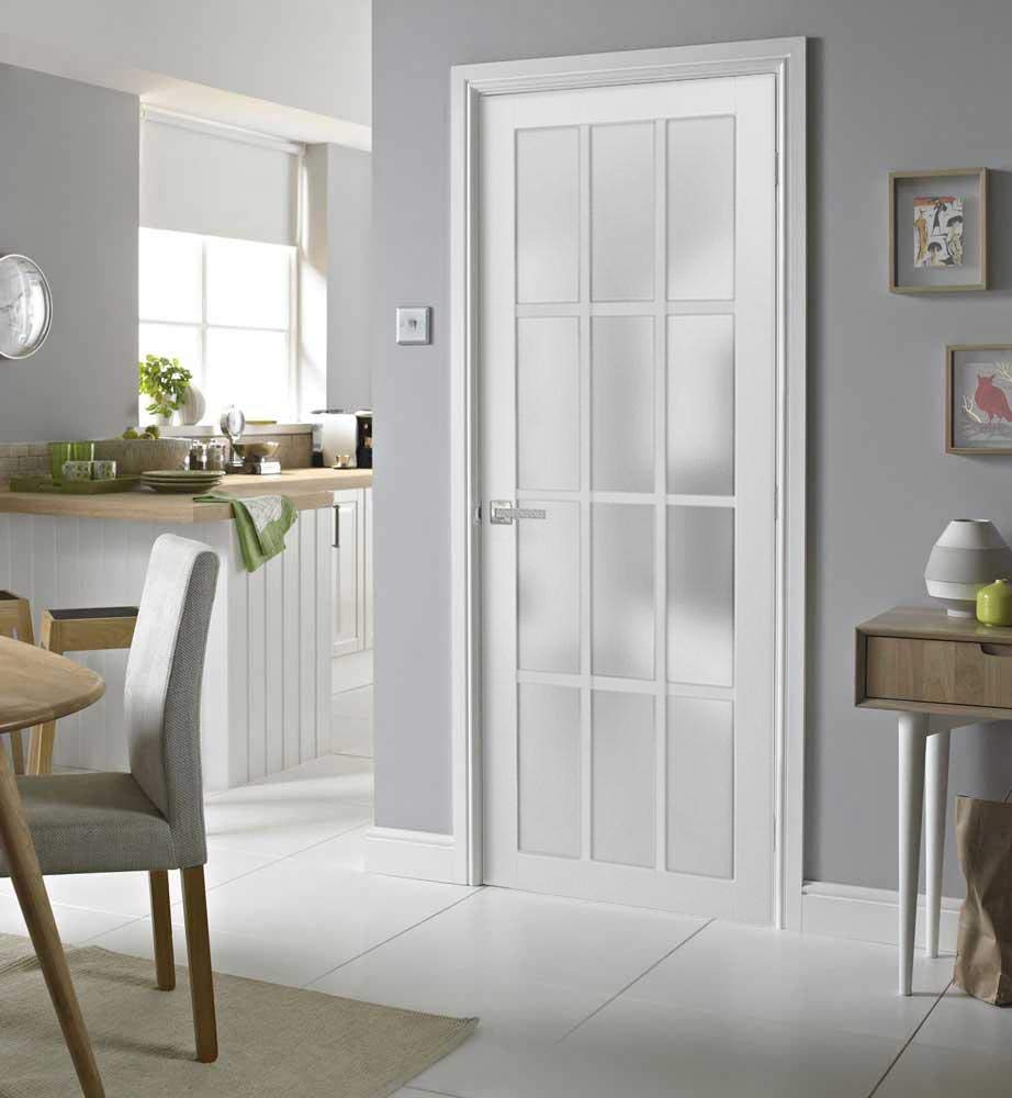 SARTODOORS Solid French Door Frosted Glass 12 Lites 32x80 inches | Felicia 3312 Matte White | Single Regural Panel Frame Trims Handle | Bathroom Bedroom Sturdy Doors