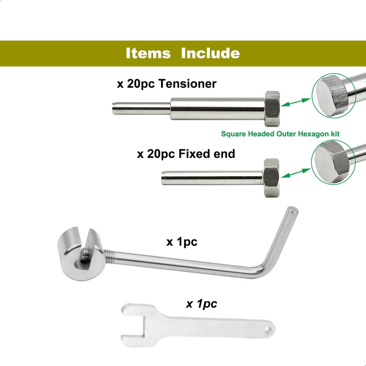 Sowtowe Stainless Steel Cable Railing Hardware Kit, Square Headed Outer Hexagon Kit with 1/8 Turnbuckle Tensioner and Fixed Terminal for 2x2 Wood & Metal Post Cable Railing System, 20 Pairs