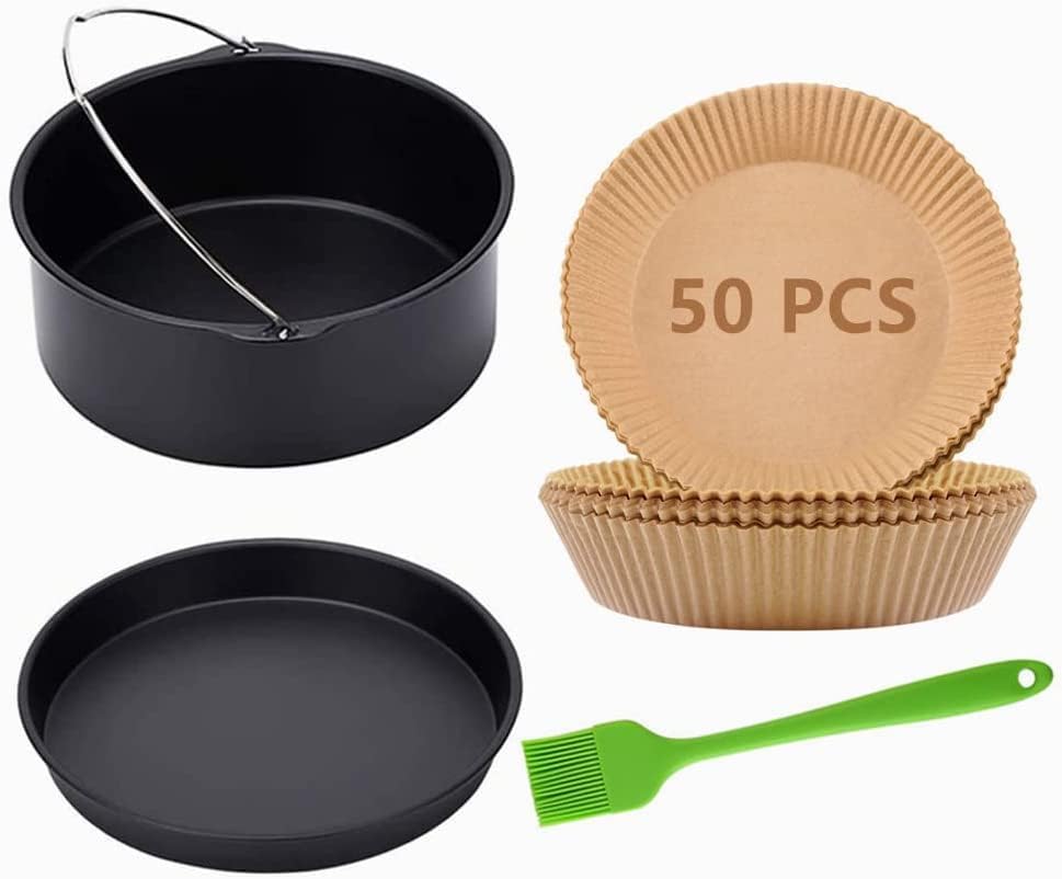 Ninja Air Fryer Accessories Set - 7-Inch Cake Barrel, Pizza Pan & 50 Pcs Baking Paper | Silicone Brush Included